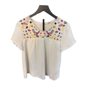 Blu Pepper Embroidered Boho Peasant Blouse Short Sleeve White Top Women Large